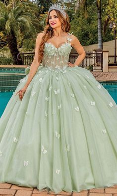 Dancing Queen 1879 - Applique Tulle Ballgown Green Dress With Butterflies, Quinceanera Dresses Sage Green, Enchanted Forest Quince Dress, Corset Quinceanera Dresses, Light Green Quinceanera Dresses, Sage Green Quinceanera Dresses, Car 2023, Quincenera Dresses, Green Quinceanera Dresses