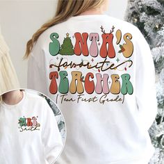 Santa's Favorite Teacher Christmas Shirt, First Grade Teacher Shirt, Christmas Gift For Teacher, Teacher Appreciation Gift, Teacher Gifts MATERIAL UNISEX T-SHIRT - Medium fabric (5.3 oz/yd² (180 g/m - Classic fit - Runs true to size - 100% cotton (fiber content may vary for different colors) - Tear-away label UNISEX SIZING CHART Small: Length 28" - Width 18" (4-6) Medium: Length 29" - Width 20" (6-10) Large: Length 30" - Width 22" (10-14) XL: Length 31" - Width 24" (14-18) 2XL: Length 32" - Width 26" (18-20) 3XL: Length 33" - Width 28" (20-22) All measurements are approximations. Shirts may be within 1" of the dimensions listed The shirts were measured laying on a flat surface, side to side and top to bottom. HOW TO PLACE ORDER: 1-) Please, Check and Review all Photos. 2-) Select Your Shir Teacher Tshirt Winter, Christmas Teacher Shirt, Teacher Christmas Shirts, First Grade Teachers, Teacher Christmas Gifts, Teacher Christmas, Holiday Shirts, Teacher Favorite Things, Teacher Appreciation Gifts