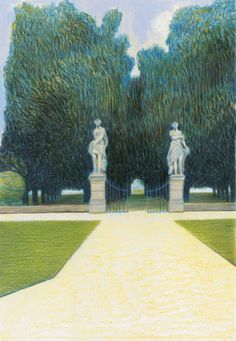 a painting of two statues in the middle of a park