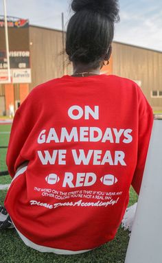 Preorder tees and sweatshirts ship out within 2-12 business days and preorder hats can take up to 15 business days to ship. 

It's game day, please dress accordingly! The word on the street is if you don't wear red, you're not a true fan. Be sure to wear blue next gameday with this cute sweatshirt complete with a pair of footballs! 


Lauryn is 5'11" and is wearing size medium

Amanda is 5'9" and is wearing size XL


sizing guide: 


small: 40” bust | 26” length 

medium: 46” bust | 27” length Red Sweatshirt For Game Day In Fall, Red Casual Sweatshirt For Game Day, Casual Red Sweatshirt For Game Day, Red Sporty Sweatshirt For Game Day, Sporty Red Sweatshirt For Game Day, Red Game Day Sweatshirt Fan Apparel, Red Fan Apparel Sweatshirt For Game Day, Collegiate University Red Sweatshirt For Game Day, University Red Crew Neck Sweatshirt For Game Day