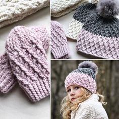 three pictures of hats and mittens with different colors