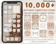 an iphone with the text 10, 000 + natural christmas icons free wallpapers and widget quotes