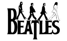 the beatles logo is shown in black and white, as well as people walking across it