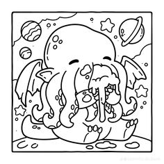 an octopus is sitting on the ground with bubbles and stars around it, coloring page