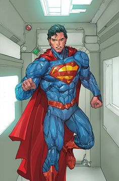 superman in the hallway with his cape open and hands on his hips, as if he's ready to strike