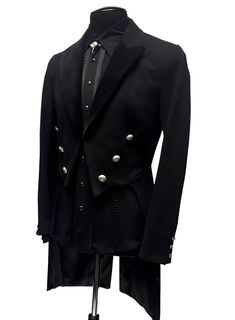 A formal Victorian coat with tails. Great for special occasions, formal events, or when you want to stand out from the crowd. Heavy brushed black denim fabric with luxurious black velvet lapels. Fully lined in rich black satin. Six ornate metal buttons decorate the front and two at the waist in back. Three smaller metal buttons are at each cuff. Comes in sizes Small-3X. I love this one!! Measurements: Small - Chest 40" Waist 30-34" Medium - 42-44" Waist 32-38" Large - Chest 46" Waist 36-40" XL - Black Denim Fabric, Victorian Coat, Hollywood Homes, Black Tuxedo, Small Chest, Metal Buttons, Denim Fabric, Black Satin, Future Wedding