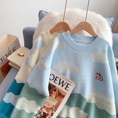 Style: commuting Size: one size Color: white, blue Cartoon Clouds, Vintage Pullovers, Vintage Sweater, Vintage Sweaters, Women's Sweater, White Blue, Sweater Top, Color White, Graphic Sweatshirt