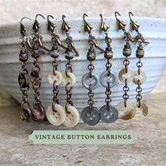 These Victorian Button Earrings are lightweight and crafted from upcycled vintage buttons, perfect for sewing lovers. Featuring lever back closures, they make a unique jewelry gift for your friend or mom. 𝗗𝗘𝗧𝗔𝗜𝗟𝗦 🍂 Earrings measure about 1 and 7/8 inches from base of ear wires 🍂 Ear wires are made in the USA of lead/nickel-free antiqued brass 🍂 Beautiful Czech glass to coordinate with button colors 🍂 Upcycled and vintage acrylic buttons 🍂 Buttons may vary from pair to pair 🍂 Antiqued brass throughout for a vintage, Victorian look 🍂 Limited Edition colors; don't miss out! 𝗖𝗢𝗟𝗢𝗥 𝗢𝗣𝗧𝗜𝗢𝗡𝗦 1) Brown mix 2) Beige 3) Gray 4) Caramel mix 𝗛𝗢𝗪 𝗧𝗢 𝗢𝗥𝗗𝗘𝗥 1: Select item quantity 2: Select options, if applicable 3: Add to cart 4: Choose shipping method 𝗬𝗢𝗨 𝗔𝗟𝗦𝗢 Upcycled Vintage Jewelry, Unique Jewelry Gifts, Button Earrings, Button Jewelry, Matching Jewelry, Vintage Button, Upcycled Vintage, Vintage Buttons, Earring Gifts