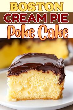 a piece of boston cream pie poke cake on a plate