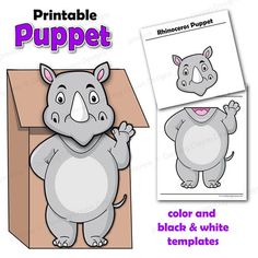 printable puppet with rhinoceros and black and white templates