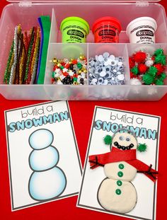 a plastic container filled with snowman themed items