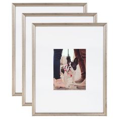 three frames with a dog sitting on the floor in front of each other, one is holding