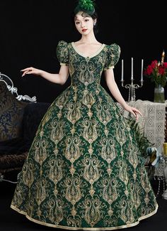 Medieval Vintage Green V-Neck Short Sleeves Embroidery Masquerade Ball Dress Embroidery Victorian, Theater Dress, Victorian Dress Gown, Masquerade Gown, Masquerade Ball Dresses, Masquerade Party Dresses, Theatre Dress, Baroque Dress, Masquerade Ball Gown