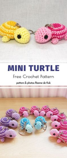 small crochet turtle keychains in different colors and sizes on a table