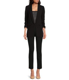 Gianni Bini Jemma Ruched Sleeve Blazer & Houston Twill Pants | Dillard's Slim Fit Sleek Pants For Fall, Sleek Slim Fit Pants For Fall, Chic Slim Fit Dress Pants For Fall, Stretch Straight Pantsuit For Fall, Fall Stretch Straight Pantsuit, Fall Stretch Pantsuit With Straight Pants, High-waisted Stretch Pantsuit For Fall, Fitted Straight Leg Pantsuit For Fall, Fall Fitted Straight Leg Pantsuit