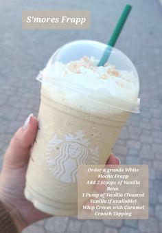 someone holding up a starbucks frapp drink with information about it and the ingredients inside