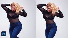 two photos of a woman in black shirt and jeans posing for the camera with her hands on her head