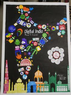 a black poster with colorful images on it that says digital india, put in front of a white background