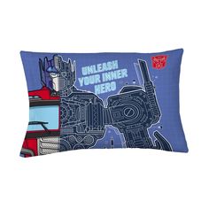 a rectangular pillow with the words, unleash your inner hero on it in blue and