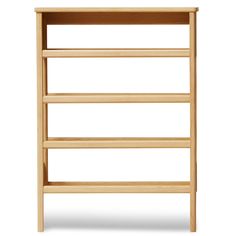 a wooden shelf with three shelves on each side and one shelf above the other, against a white background