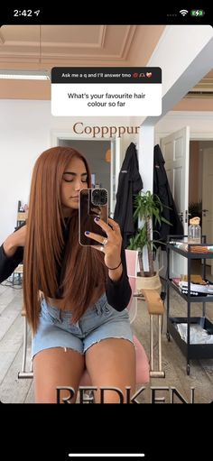 Summer Hair Color For Brown Skin Latina, Redbrownhair Color, Rust Brown Hair, Ginger Hair Tan Skin, Brunette Ginger Hair, Hair Color Ideas For Brown Eyes, Medium Golden Copper Hair, Unique Summer Hair Color