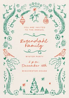 the holiday party is in full swing with festive ornaments and evergreens on white paper