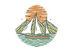 a drawing of a sailboat with mountains in the background