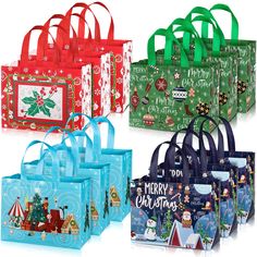 christmas shopping bags in various colors and designs