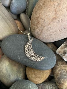 "Silver Crescent Moon Necklace. Mandala Necklace, Sterling Silver Moon Mandala Pendant, Vintage Finish, Bohemian Jewelry, Zen, Yoga Gift This sterling silver crescent moon pendant is beautiful and light weight. It has a mandala pattern with a dark patina, that gives it a bohemian and vintage feel. Mandalas symbolize that life is never ending....they also represent unity and harmony. We use only fine and sterling silver for all of our jewelry and findings, including our handmade ear wires. Our un Spiritual Silver Crescent Necklace, Spiritual Silver Moon Necklace, Spiritual Silver Crescent Jewelry, Silver Crescent Spiritual Jewelry, Bohemian Moon Phase Necklace In Sterling Silver, Silver Moon Necklace With Sun And Moon Design, Bohemian Sterling Silver Moon Phase Necklace, Bohemian Sterling Silver Moon Phase Jewelry, Silver Moon Necklace For Festival