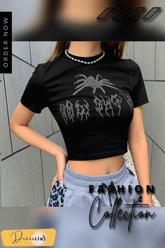 New Summer Embroidered Bead Pattern Tops Women's T Shirt Navel Dress with Women's Y2k Tops Summer Short Sleeve Tops With Rhinestones, Punk Style Short Sleeve Top For Party, Y2k Crew Neck T-shirt For Night Out, Summer Rhinestone Short Sleeve Tops, Punk Style Party Top With Short Sleeves, Punk Style Short Sleeve Party Top, Y2k Style Crew Neck T-shirt For Night Out, Summer Black Tops With Rhinestones, Y2k Crew Neck T-shirt For Party