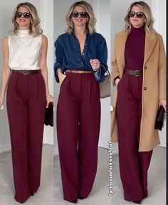 Combinação de calça na cor vinho Fall Burgandy Outfits, Deep Winter Office Outfit, Deep Autumn Work Outfits, Deep Autumn Outfit, Burgandy Pants Outfits, Autumn Date Outfit, Burnt Orange Outfits, Burgundy Outfits For Women, Pantalon Palazzo Outfits