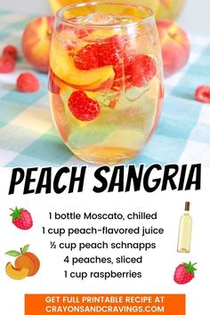 an advertisement for peach sangria with oranges and raspberries