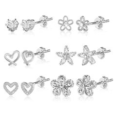 PRICES MAY VARY. 925 Sterling Silver Post Stud Earrings Set: Package concludes 6 pairs 14k white gold plated stud earrings. Specifically, one pair six claw heart cubic zirconia stud earrings (0.2"), one pair twisted heart earrings (0.28"), one pair heart CZ earrings (0.24"), one pair CZ stamen cinquefoil earrings (0.2"), one pair CZ petal cinquefoil earrings (0.28"), one pair cinquefoil CZ earrings (0.36"), with 12 pairs metal and silicon earring backs. Hypoallergenic Stud Earrings for Women: 14 Earrings Pack, Twisted Heart, Cute Stud Earrings, Minimalist Earrings Studs, Minimalist Studs, Gold Stud Earrings, Small Earrings Studs, Cubic Zirconia Earrings, Earrings Studs