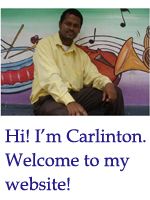 a man sitting in front of a sign that says, hi i'm carlton welcome to my website