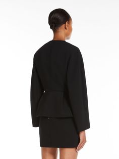 Feminine double-breasted jacket, made of a stretch fabric. Crew-neck garment featuring a structured silhouette, with long kimono sleeves, waist seam and peplum on the hips. Lined in customised fabric and fastened with matching metallic satin-finish buttons. Fitted Jacket, Kimono Sleeves, Long Kimono, Double Breasted Jacket, Kimono Sleeve, Workout Jacket, Max Mara, Satin Finish, Double Breasted