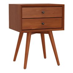 a small wooden table with two drawers on one side and three legs on the other