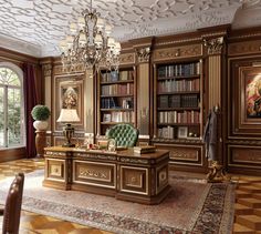 an elegant living room with large bookshelves and chandelier