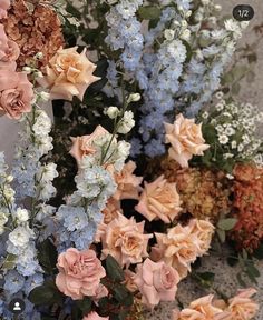 several different types of flowers on the ground