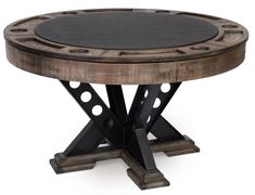 a round wooden table with metal legs and a black top on an isolated white background