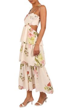 Charm endlessly in this flowery tiered maxi designed with sweet scalloped trim and an airy waistline cutout. Back button closure Tie straps Sleeveless Lined 100% cotton Hand wash, dry flat Imported Native Dress, Maxi Design, Strap Maxi Dress, Floral Shoes, Fringe Skirt, Scalloped Trim, Linen Maxi Dress, Dress Home, Maxi Dress Blue