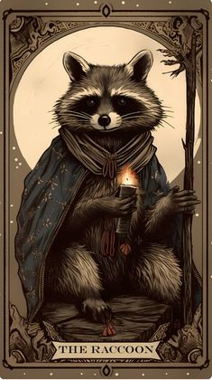 the raccoon tarot card is shown with an image of a person holding a candle