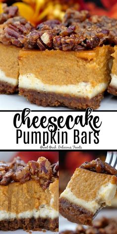 cheesecake pumpkin bars with pecans on top and the words, cheesecake pumpkin bars