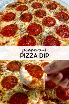 a pepperoni pizza is being served on a platter with the words pepperoni pizza dip above it