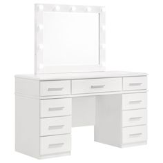 a white vanity table with a mirror and lights on it's sides, against a white background