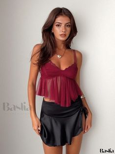 Seductive Lace Camisole Top with Ruffle Hem Flirty Camisole Top With Ruffles, Flirty Ruffled Camisole Top, Flirty Fitted Camisole With Ruffles, Fitted Flirty Camisole With Ruffles, Party Cami Tank Top With Ruffles, Ruffled Cami Tank Top For Party, Ruffled Spaghetti Strap Top For Night Out, Ruffled Camisole Tank Top For Parties, Party Camisole Tank Top With Ruffles