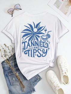 This Summer Holiday Vibes: Women's Slogan Printed Casual T-Shirt is the perfect addition to your summer wardrobe. Made with soft and breathable fabric, it features a fun and trendy slogan print. Stay comfortable and stylish all season long with this must-have t-shirt. Color : Baby Blue Style : Casual Pattern Type : Graphic, Letter, Plants, Slogan Neckline : Round Neck Sleeve Length : Short Sleeve Sleeve Type : Drop Shoulder Length : Regular Fit Type : Regular Fit Fabric : Slight Stretch Material Blue Slogan T-shirt For Summer, Fun Summer T-shirt With Text Print, Blue Beach T-shirt With Front Print, White Print Text T-shirt For Summer, Trendy White Print T-shirt For Vacation, Blue Short Sleeve Slogan T-shirt, Trendy Summer T-shirt With Front Print, Fun Blue T-shirt With Slogan, White Print Short Sleeve Top For Summer