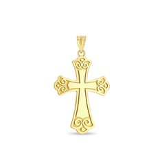 "14k solid gold cross pendant. measures 1 1/2\" by 1\". high polish finish." Polished Cross Necklace For Formal Occasions, Formal Polished Cross Pendant Necklace, Formal Polished Cross Necklace, Yellow Gold Polished Cross Necklace Pendant, Classic Polished Crucifix Cross Necklace, Gold Crucifix Cross Necklace With Polished Finish, Gold Crucifix Necklace With Polished Finish, Formal 14k Gold Crucifix Cross Necklace, Formal 14k Gold Crucifix Necklace