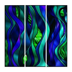 three paneled art work with blue and green wavy lines