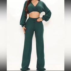 Hacci Pant Set Crop Top V Neck Surplice Long Balloon Sleeve High Rise Pant Faux Front Tie Wide Leg Stretch Inseam: 34” High Waist Two-piece Loungewear Set, Solid Two-piece Set Bottoms For Night Out, Solid Color Two-piece Loungewear Bottoms, Two-piece Loungewear Pants, Fitted Green Pant Set For Loungewear, Trendy Matching Set Bottoms For Night Out, Fashion Nova Pants, Long Balloons, Leg Stretching