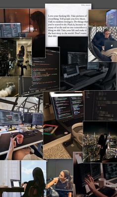 a collage of photos with people working on computers